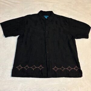 Paradise Blue 100% Silk Hawaiian Shirt Mens XL Black Tropical Short Sleeve Beach